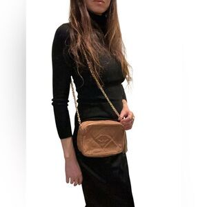 CHANEL Tan Leather Crossbody Bag with Gold Chain